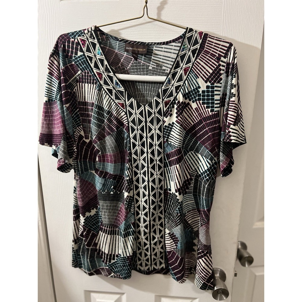 DANA BUCHMAN‎ Kaleidoscope women's Large blouse w/ sequins Kohl's spandex